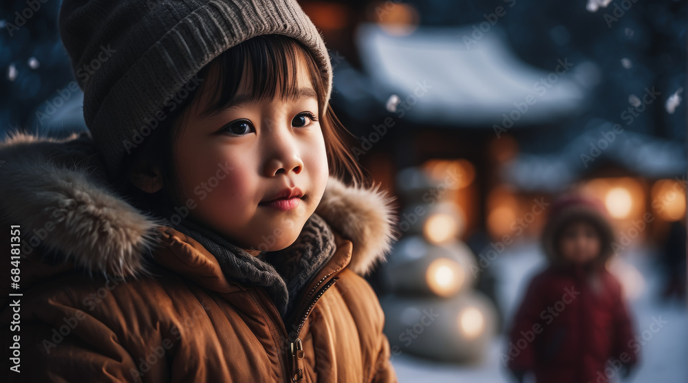 portrait of an Asian child in winter, a happy girl dressed in winter clothes, rejoicing in the first snow. the concept of winter holidays and Christmas banner portrait of an Asian child in winter, a happy girl dressed in winter clothes, rejoicing in the first snow. the concept of winter holidays and Christmas banner