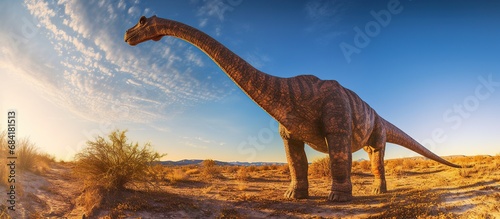 Big brachiosaurus with a long neck. Herbivorous dinosaur of the Jurassic period. © dheograft