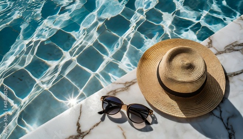 flat lay of sunglasses and straw hat on marble swimming pool side with clear blue water with waves sunlight shadow reflections minimal fashion aesthetic summer vacation top view creative background