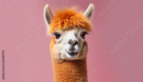 advertising portrait banner funny alpaca with orange hair looks straight isolated on pink background