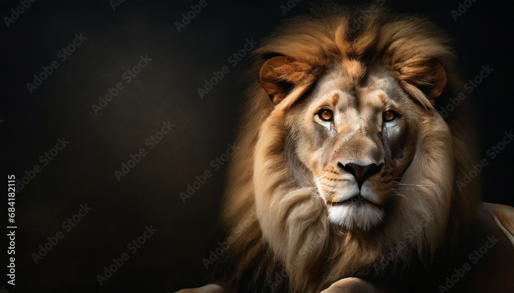photograph of an african lion in a dark backdrop conceptual for frame
