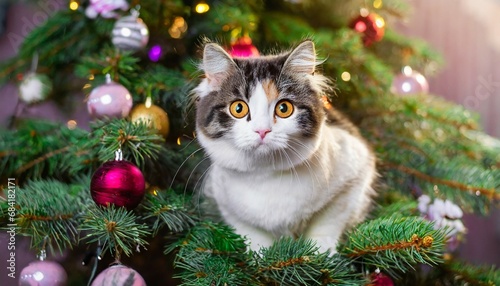 young cat with big beautiful eyes sits on a christmas tree © Enzo