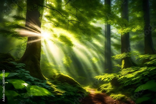 Sunbeams piercing through fresh green leaves in a rejuvenated forest.