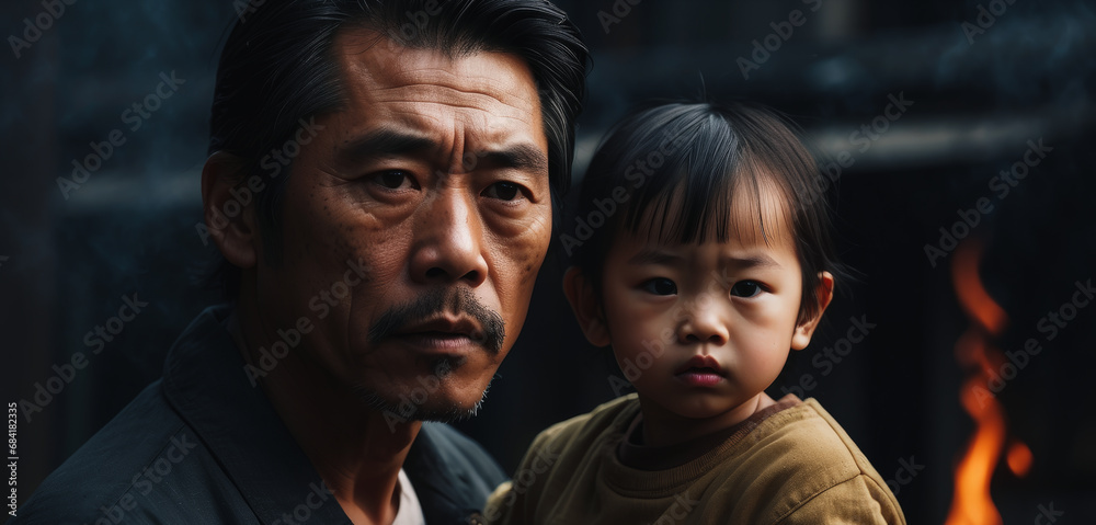 Portrait of an Asian adult man with a child in despair, sad look, ruins of a house in the background, flames and smoke from a fire. Tense scene: a family without an apartment. home loss concept Portrait of an Asian adult man with a child in despair, sad look, ruins of a house in the background, flames and smoke from a fire. Tense scene: a family without an apartment. home loss concept