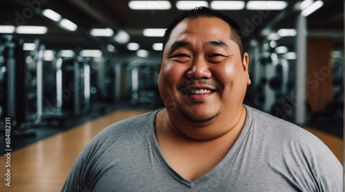 Portrait of an Asian fat man in the gym. An overweight man is doing fitness. weight loss concept. banner