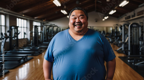 Portrait of an Asian fat man in the gym. An overweight man is doing fitness. weight loss concept