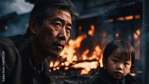 Portrait of an Asian adult man with a child in despair, sad look, ruins of a house in the background, flames and smoke from a fire. Tense scene: a family without an apartment. home loss concept