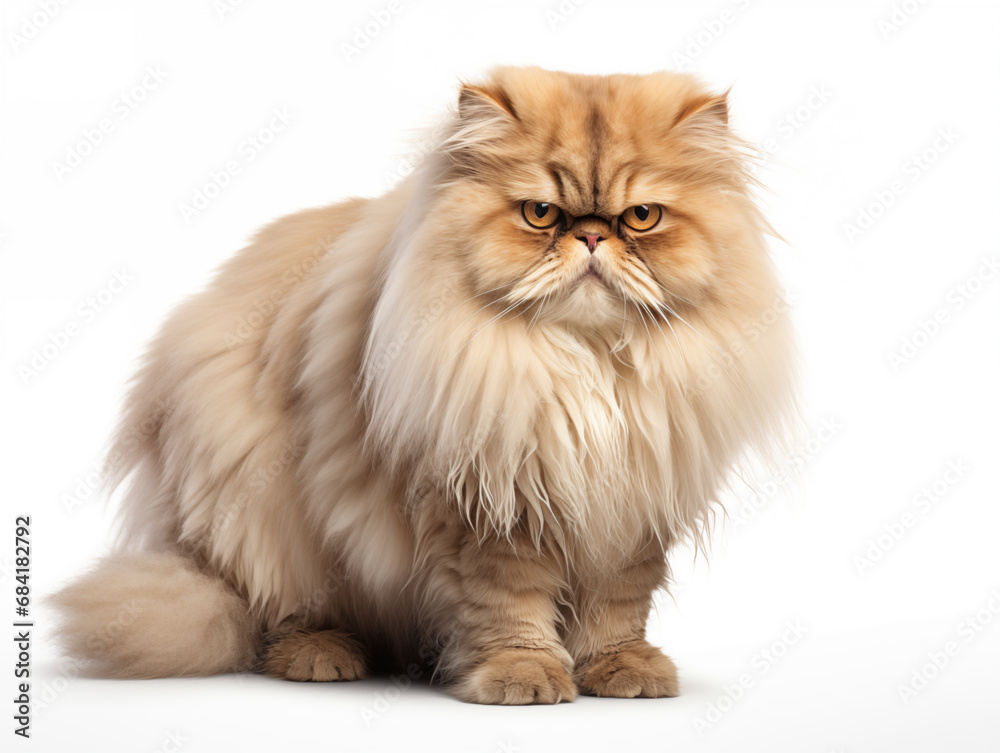 Purebred fluffy cat of Persian breed in full height. Isolated on a white background.