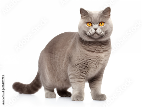 Purebred cat of the breed British Shorthair in full height. Isolated on a white background.