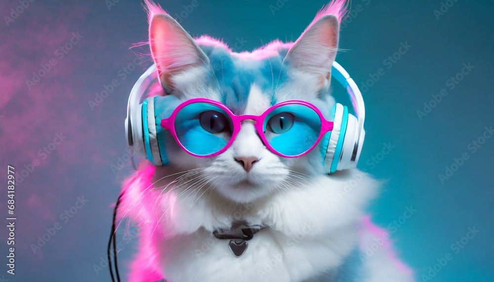 adorable fantasy bossy cat with glasses and headphones blue pink and white colors high quality photo
