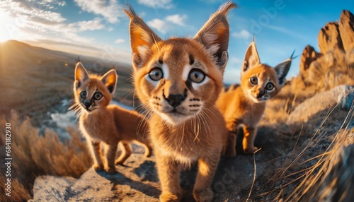 a group of young small teenage caracals wild big cats curiously looking straight into the camera golden hour photo ultra wide angle lens