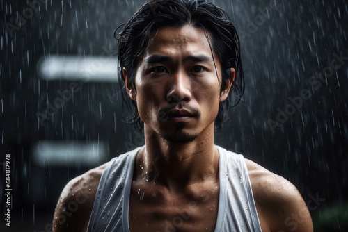 Asian athlete outside in the rain. the concept of sports. Olympic Games. morning jog in bad weather. professional training for running competitions. portrait close-up of a man.  © Roman