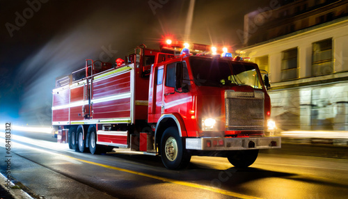 a red fire truck is captured in motion as it drives down a street at night this image can be used to depict emergency response firefighting or urban city scenes photo