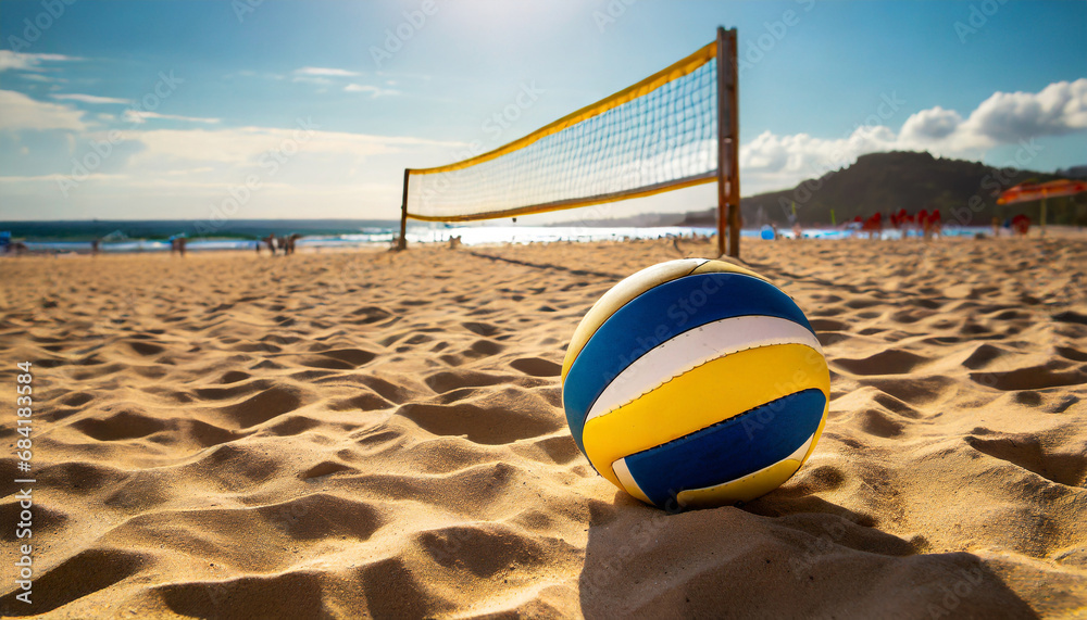 a volleyball ball is pictured on a beach with a volleyball net in the background this image can be used to represent beach sports and recreational activities - obrazy, fototapety, plakaty 