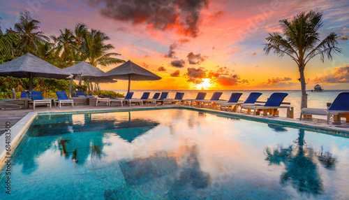 beautiful poolside and sunset sky luxurious tropical beach landscape deck chairs and loungers and water reflection © Enzo