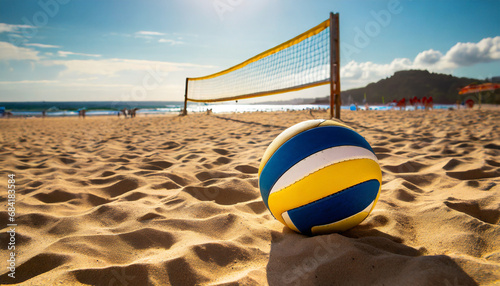 a volleyball ball is pictured on a beach with a volleyball net in the background this image can be used to represent beach sports and recreational activities