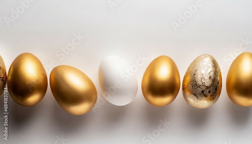 easter golden decorated eggs stand in a row on white background minimal easter concept happy easter card with copy space for text top view flatlay