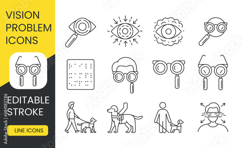 Explore Vision Insight icons, editable strokes for accessibility. Ideal for projects on eye health and disability awareness, featuring guide dog and braille icons.