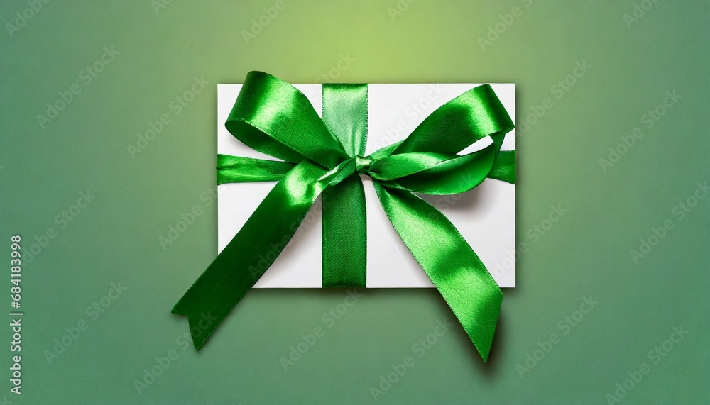 gift greeting card with green bright ribbon bow isolated on background top view copy space for label price ticket christmas and easter shopping or st patrick day present template