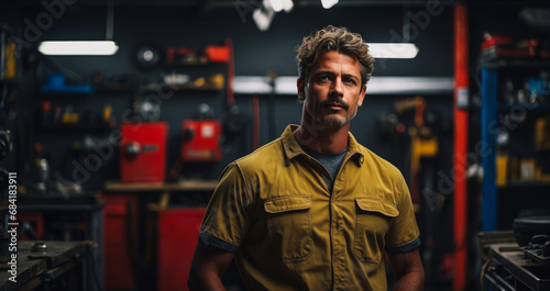 car service mechanic man in uniform stands against the background of a car with an open hood, smiles and looks at the camera. Car repair and maintenance. banner for auto repair shop