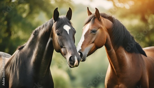 portrait of two beautiful horses touching noses lovely on a natural green farm background forest sunlight ai generated