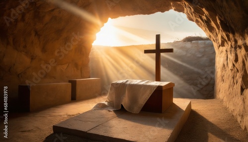 tomb empty with shroud and crucifixion at sunrise resurrection of jesus christ © Enzo
