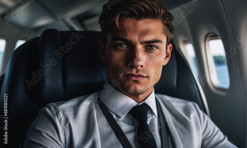 rich, handsome, young, serious guy. Successful and elegant businessman flying on a luxury plane. Wealth and success concept.  © Roman