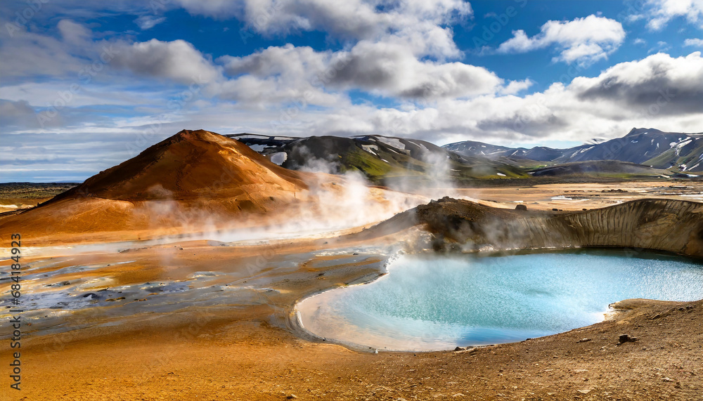 tipical icelandic nature landscape hverarondor hverir geothermal area in iceland near lake myvatn the area with multicolored mud cracked and steam popular travel and hiking destination