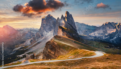 majestic sunset of the mountains landscape wonderful nature landscape during sunset wonderful picturesque scene color in nature giau pass dolomite alps italy travel is a lifestyle concept photo