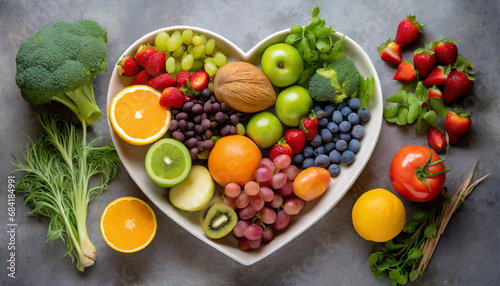 a heart shaped plate filled with a colorful assortment of fresh fruits and vegetables perfect for promoting healthy eating habits and a balanced diet