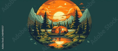 Mounting summer camping artwork for t shirt , sweatshirt, poster, sticker and others. Mountain hiking t-shirt vector design. photo