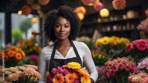 Smiling friendly african american young female florist working in the market. girl, modern flower shop. tulips for Women's Day March 8th. banner © Roman