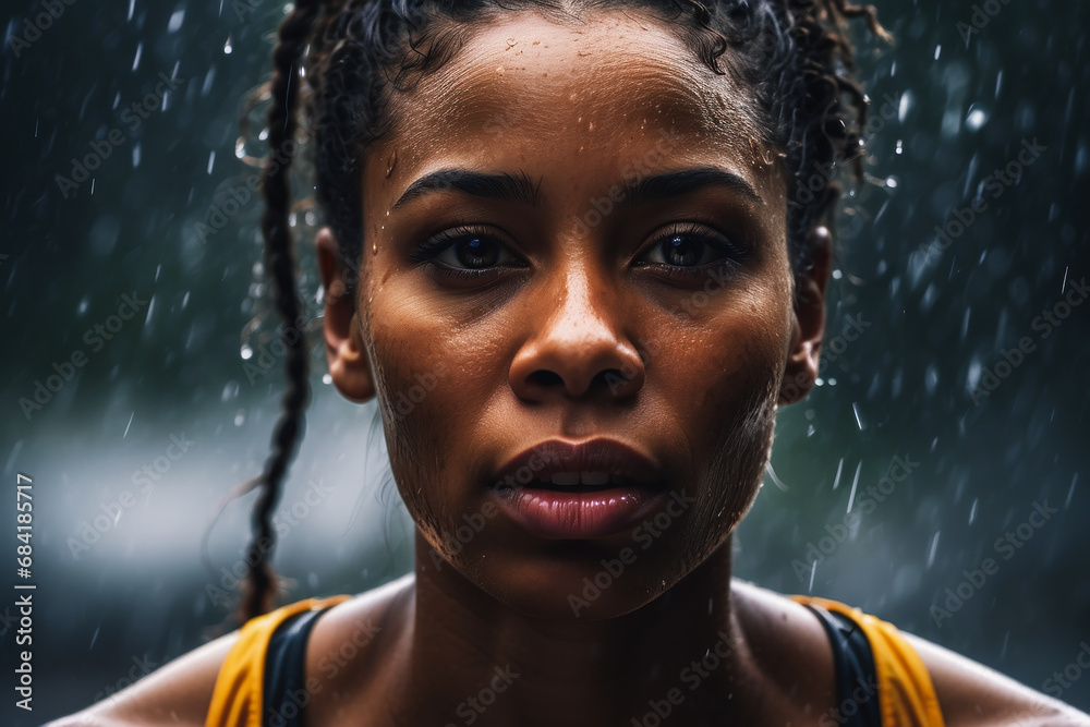 Fototapeta premium African-American athlete on the street in the rain. the concept of sports. Olympic Games. morning jog in bad weather. professional training for running competitions. portrait close-up