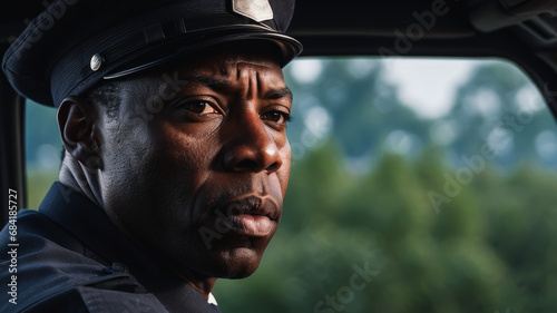 Portrait of a policeman on the street on patrol. man looking at camera, African American officer in police uniform, auto security, communication control, close-up portrait, ready to help, order