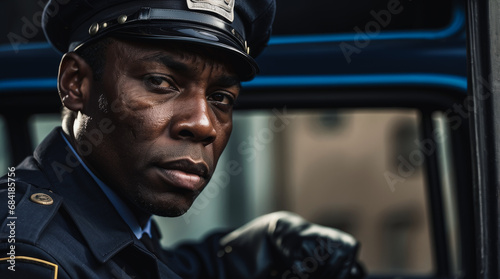 Portrait of a policeman on the street on patrol. man looking at camera, African American officer in police uniform, auto security, communication control, close-up portrait, ready to help, order © Roman