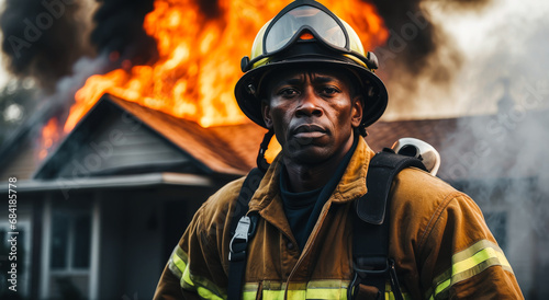 male firefighter african with a cloud of fire and smoke in the background. 911 is a firefighter fighting fire. Brave people dangerous work. dangerous situation, the intensity and bravery. banner