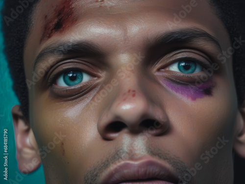 close-up portrait of a man with bruises. with mental health problems, disorders, hallucinations. raising awareness of psychiatric concepts.