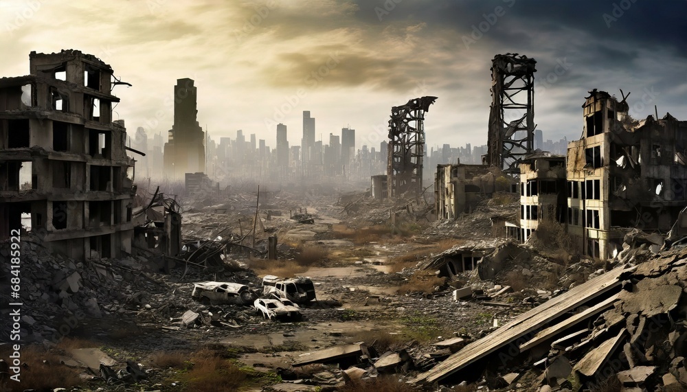 an ultra realistic photograph of a post apocalyptic cityscape with demolished structures in the background generative ai - obrazy, fototapety, plakaty 