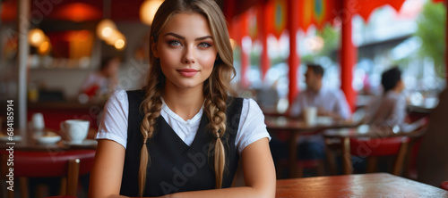 Portrait of a waitress serving food to customers in a restaurant, Happy woman employee of a technology small business in a cafe. barista girl. banner