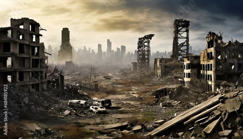 an ultra realistic photograph of a post apocalyptic cityscape with demolished structures in the background generative ai