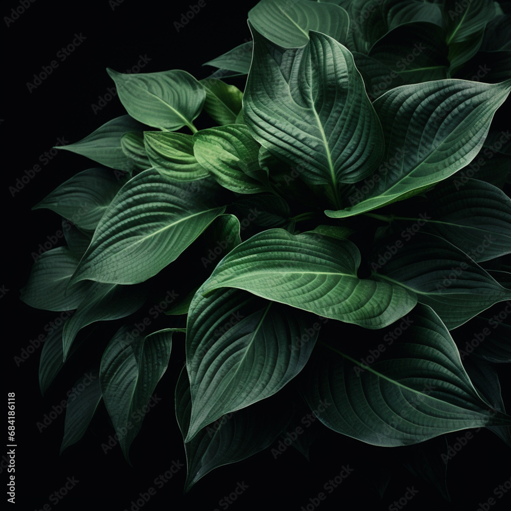 Fototapeta premium green leaves in black background created with Generative Ai