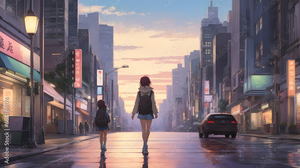 Persons Walking in the City in Anime Style