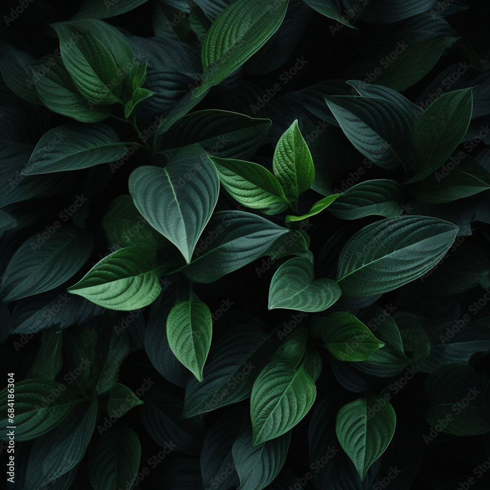 green leaves in black background created with Generative Ai