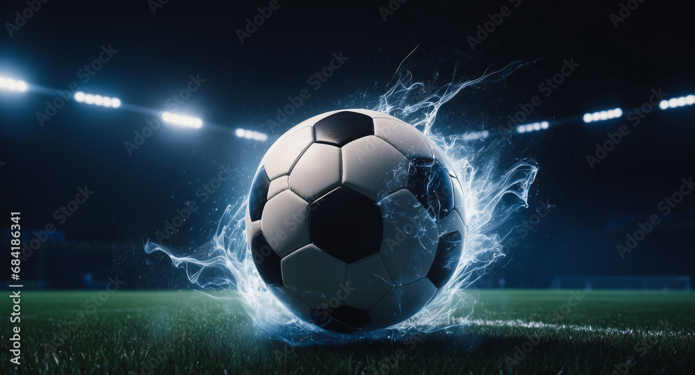 soccer ball on fire, Freeze frame of a flying ball with glowing orange flame effect, electric sphere, lightning, plasma ball, stadium background, creative sports banner