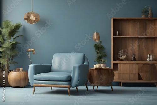 Modern mid-century interior of living room , leather armchair with wood cabinet on blue wall and wood floor 3d render