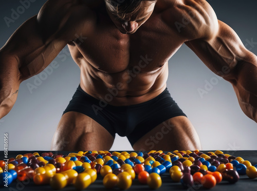 The concept of a sports food supplement with a figure of a strong man. the sports nutrition industry. pharmacology. A muscular man shows muscles isolated on a black background. Strong male nude thor