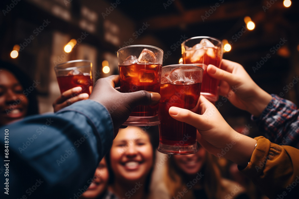 A group of friends of different races celebrate their friendship by raising their drinks and toasting at a restaurant, enjoying leisure time in joy and fun.
