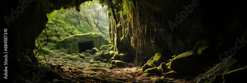 Hidden cave entrance  covered in moss and vines  dappled sunlight  magical atmosphere