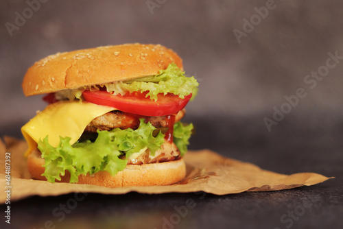 Double cheeseburger on a gray background. Juicy tasty burger close-up, side view. Fast food