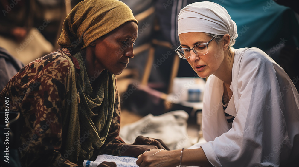 Volunteer doctors provide medical care to refugee elderly people on the hot streets of the refugee camp